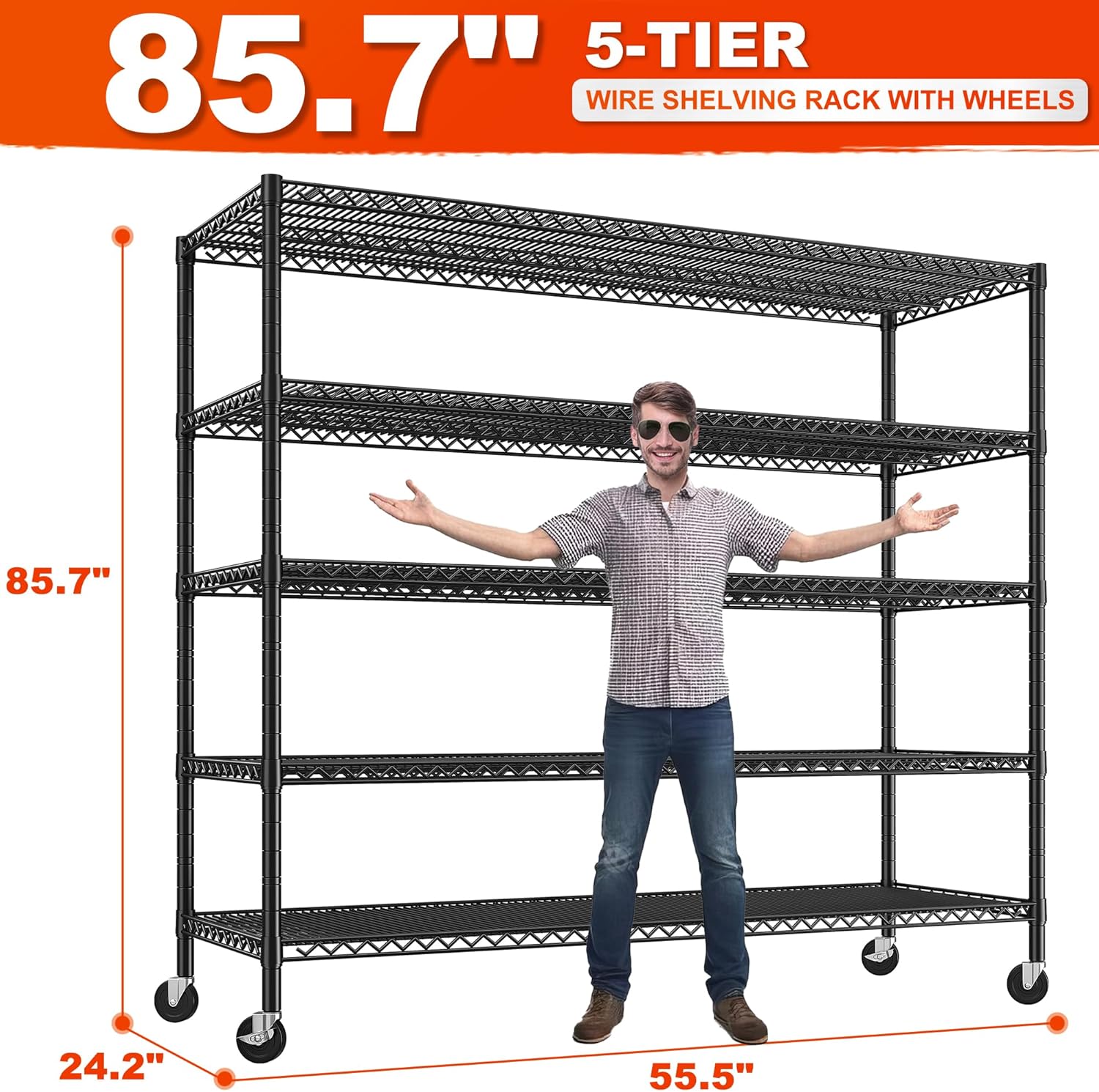 REIBII 85.7"H Storage Shelves 2998LBS Metal Shelving Units with Wheels&Feet, 5 Tier Garage Shelving