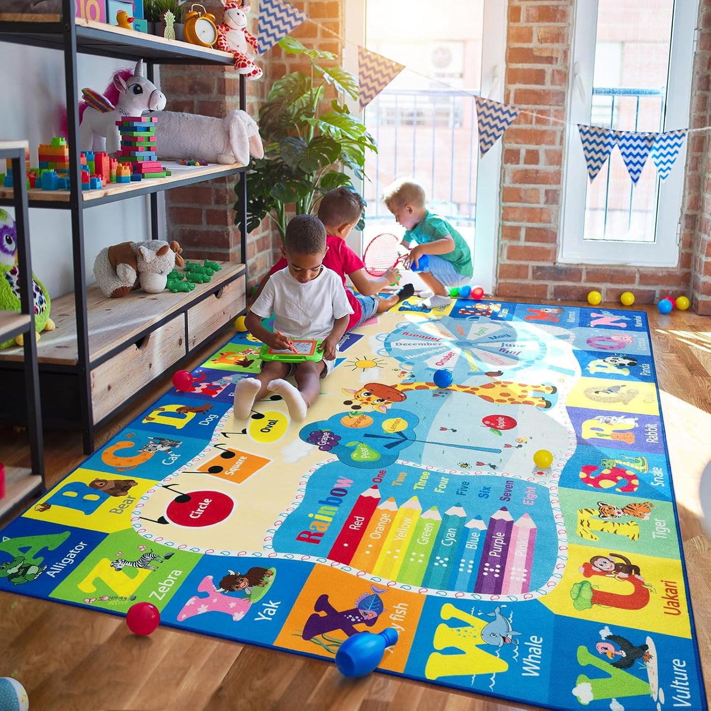 Kids Rugs for Playroom Washable, Educational and Fun Learning Rugs with ABC Alphabet Animals