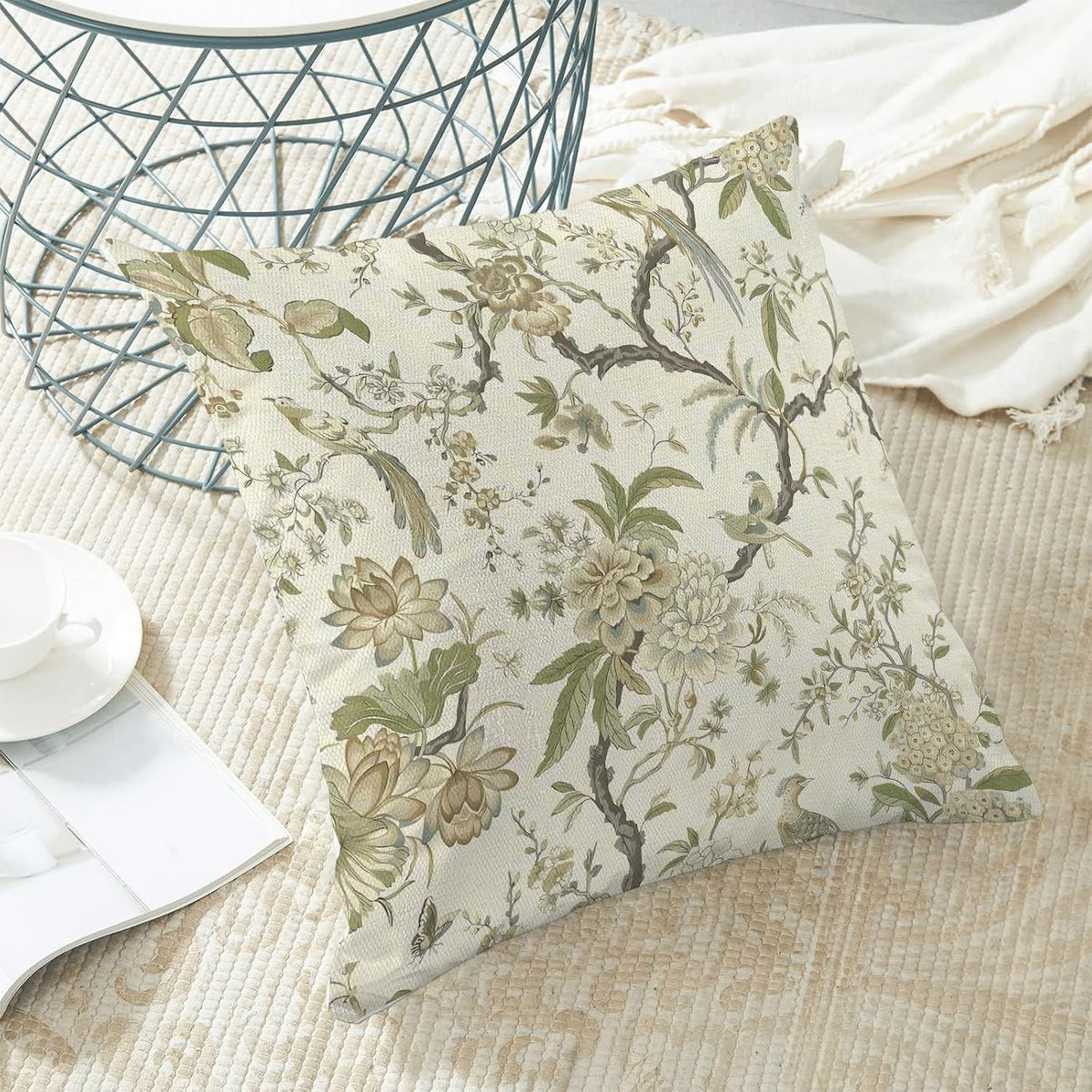 CXMEIFLY Spring Floral Birds Pillow Covers 18 x 18 Inch Set of 2 for Chinoiserie Flowers Decor