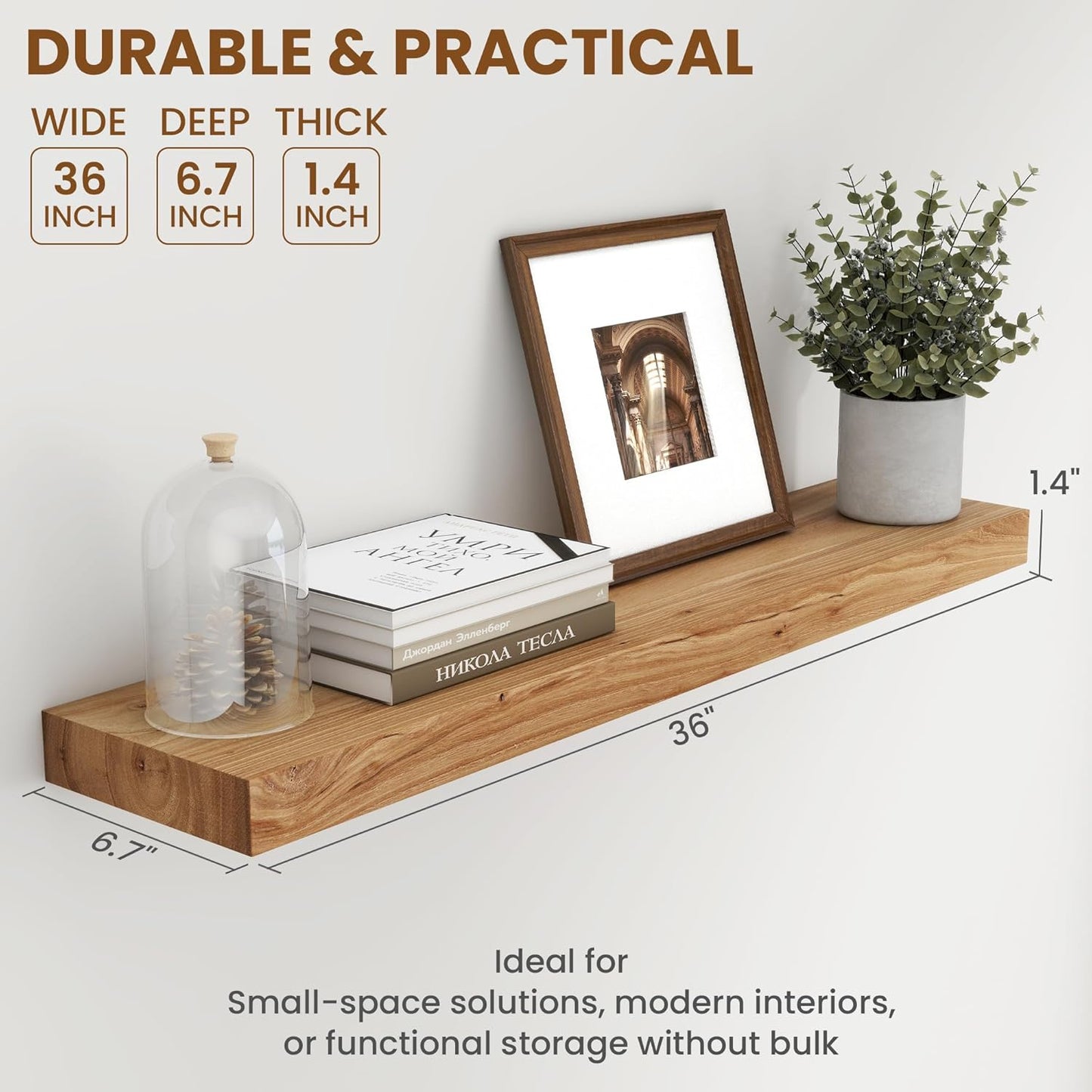 36 Inch Floating Shelves for Wall, Rustic Elm Wood Shelf for Home Decor, Heavy-Duty Wooden Floating