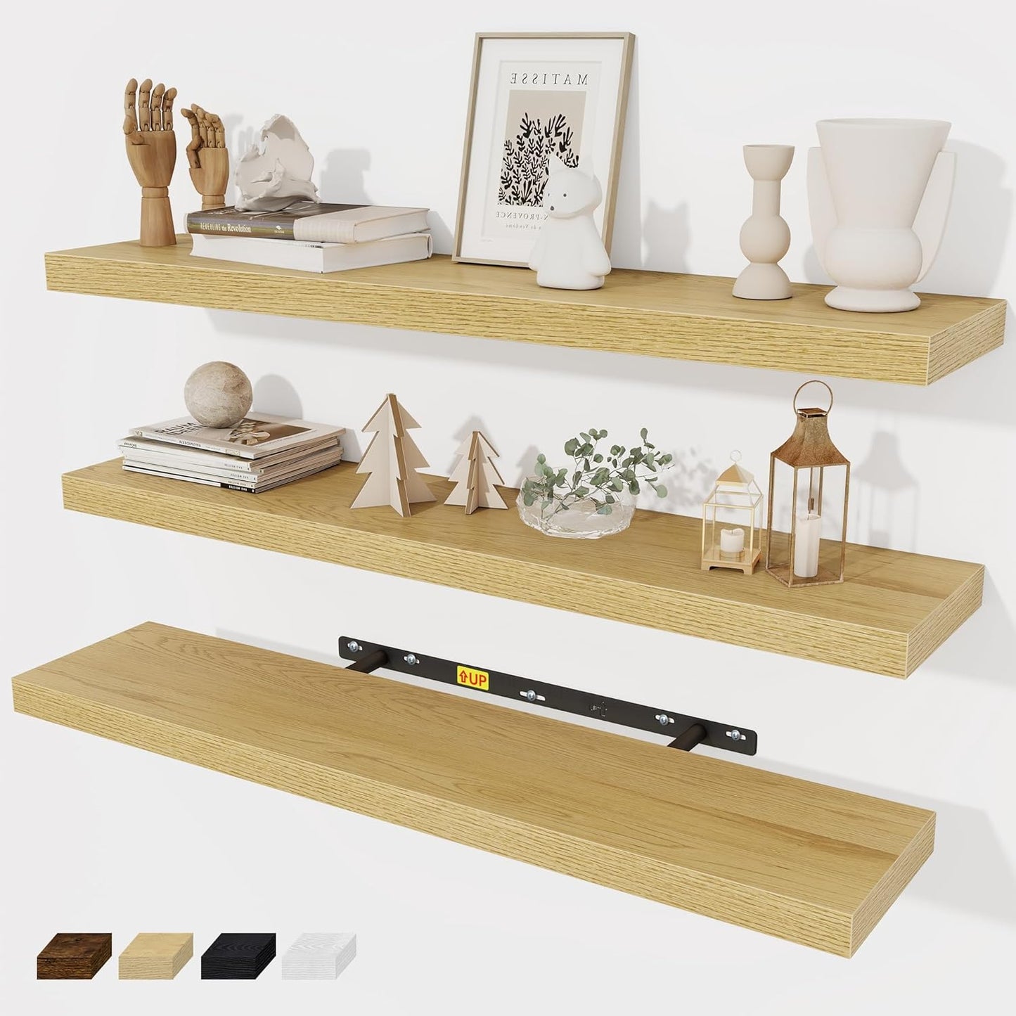 Fun Memories 32 Inch Floating Shelves Wall Shelf Set of 3, Rustic Farmhouse Home Decor Kitchen