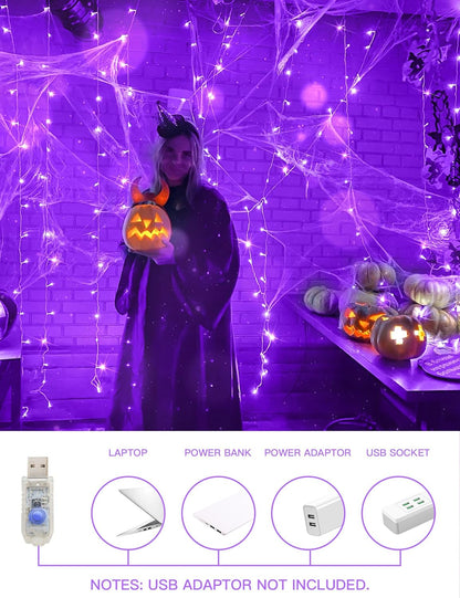 suddus Purple Curtain Lights for Halloween, 200 LED Hanging String Lights with USB Plug, Curtain