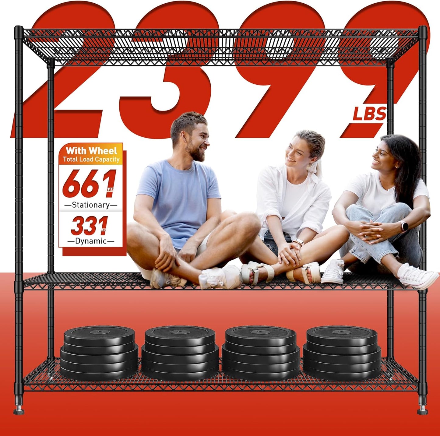 REIBII 60''W Storage Shelves 2399LBS Garage Shelving Heavy Duty with Wheels & Feet, 4 Tier Wire