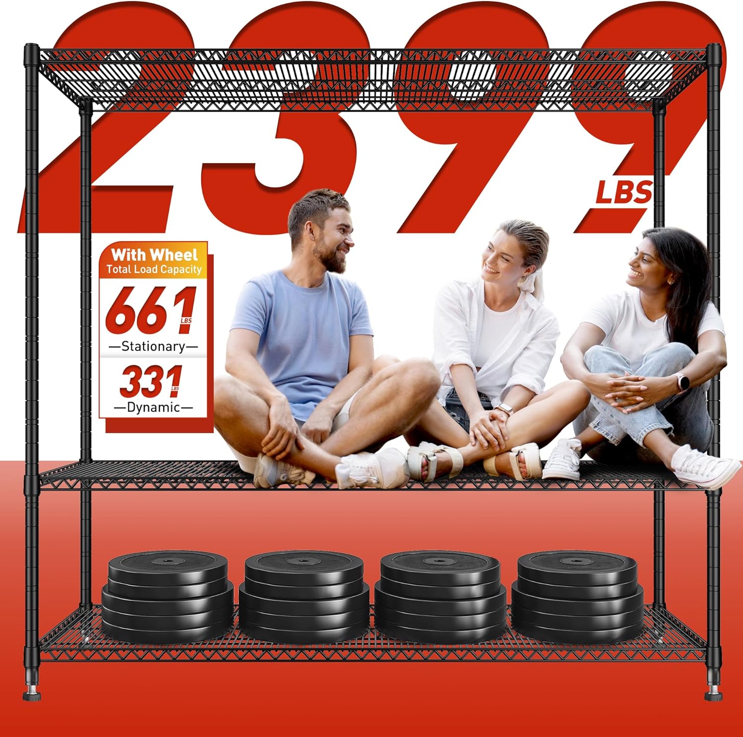 REIBII 60''W Storage Shelves 2399LBS Garage Shelving Heavy Duty with Wheels & Feet, 4 Tier Wire