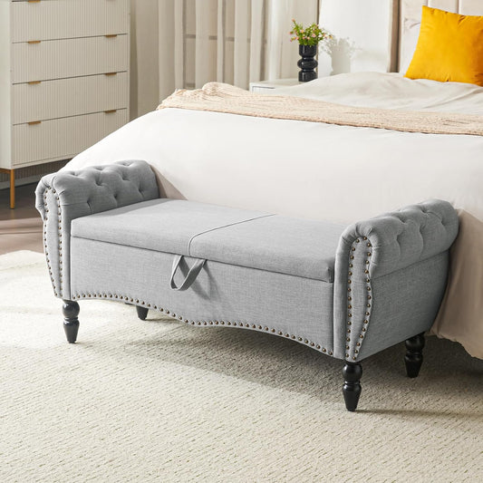 Furniliving 51.75" Storage Ottoman Bench for Living Room, Modern Bedroom Bench with Rolled Arm