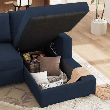 HONBAY Sleeper Velvet Blue Sectional Couch with Pull-Out Bed, Storage Chaise for Living Room