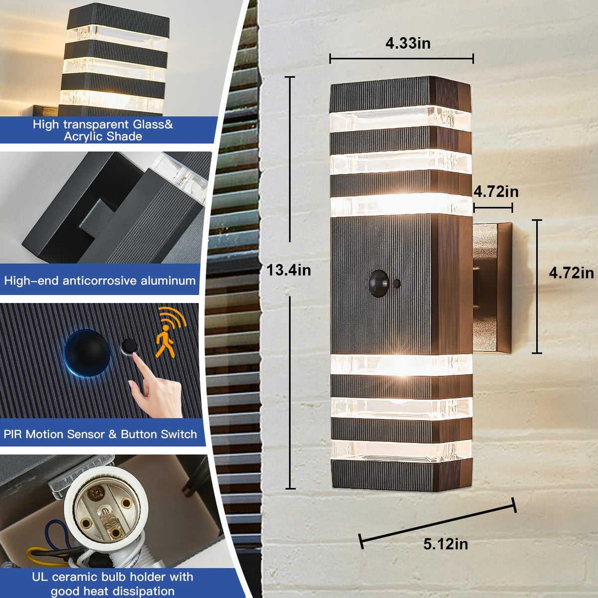 2 Pack Motion Sensor Outdoor Wall Light Fixture Up Down Porch Lights Modern Dusk to Dawn Exterior