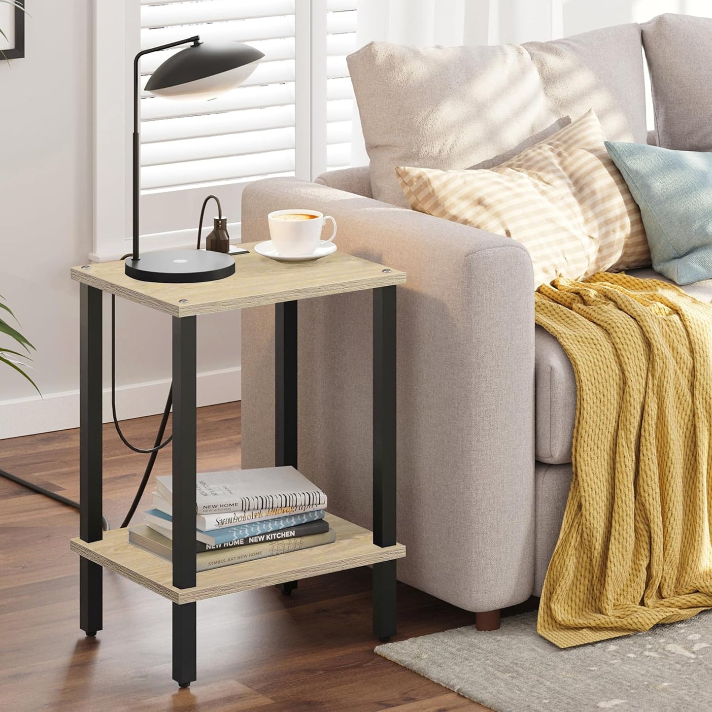 TUTOTAK End Table with Charging Station, Small Side Table with Outlets, Nightstand Bedside Table