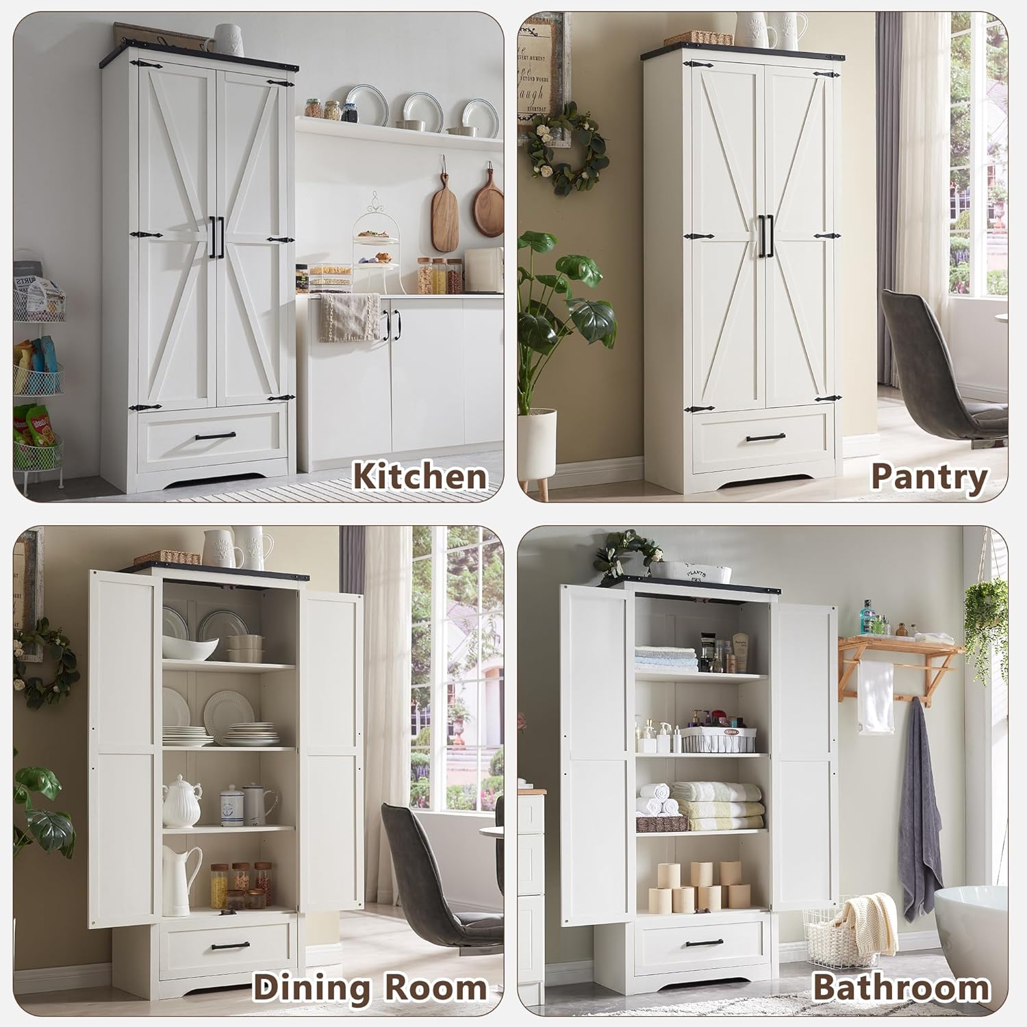72" Tall Wood Storage Cabinet, Farmhouse Kitchen Pantry Cabinet with Adjustable Shelves & Drawer &