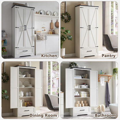 72" Tall Wood Storage Cabinet, Farmhouse Kitchen Pantry Cabinet with Adjustable Shelves & Drawer &