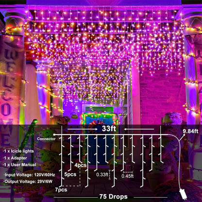 Orange and Purple Halloween Lights Outdoor Indoor, 33ft Icicle Lights for Outside 400 LED Twinkle