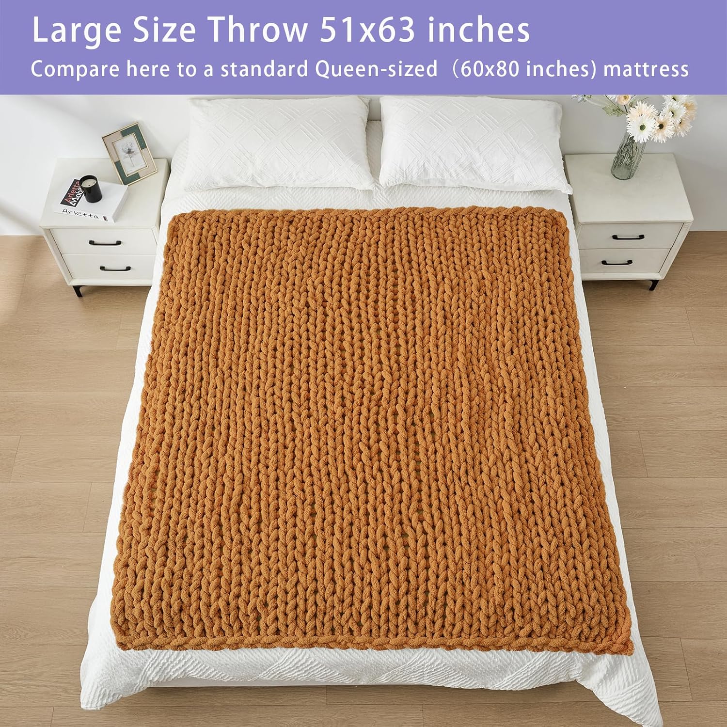 Bigacogo Chunky Knit Throw Blanket for Couch, 51x63 inches, 100% Hand Knitted with Thick Jumbo