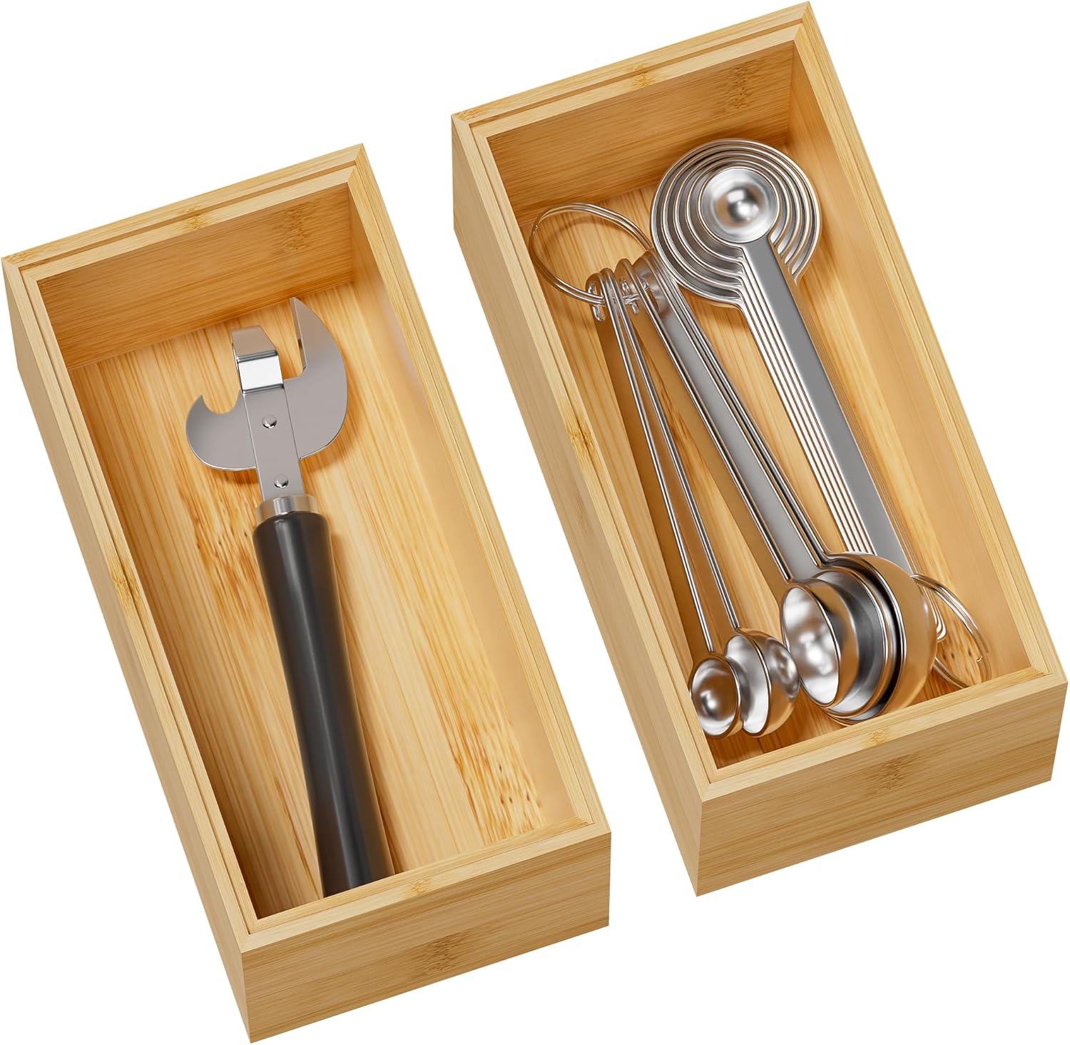 Kitchen Drawer Organizer Bins, Stackable Bamboo Deep Drawer Organizer for Silverware, Utensils