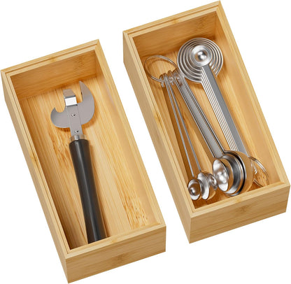 Kitchen Drawer Organizer Bins, Stackable Bamboo Deep Drawer Organizer for Silverware, Utensils