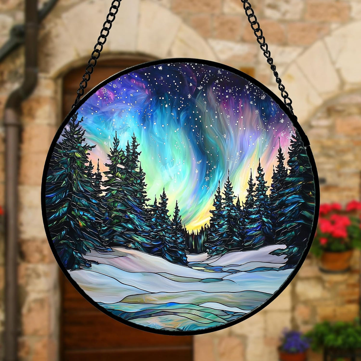 Stained Glass Window Hanging, Aurora Landscape Sun Catchers Glass Panel Green Trees Suncatcher