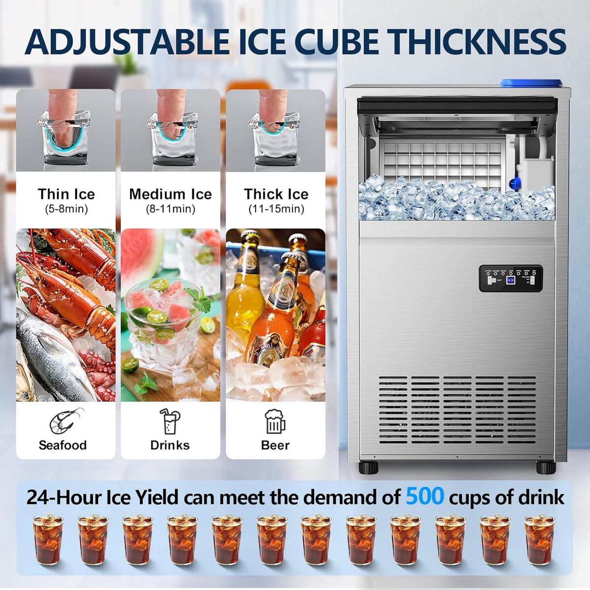 Commercial Ice Maker Machine, 150Lbs/24H with 45Lbs Storage, Fast Ice Making in 8-15Mins, Stainless