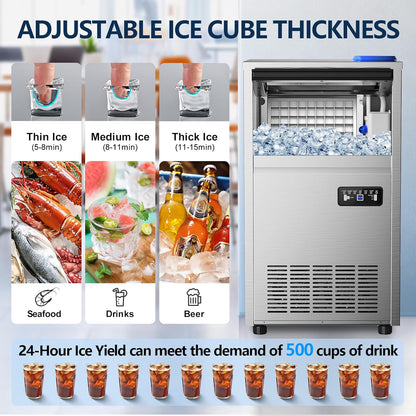 Commercial Ice Maker Machine, 150Lbs/24H with 45Lbs Storage, Fast Ice Making in 8-15Mins, Stainless