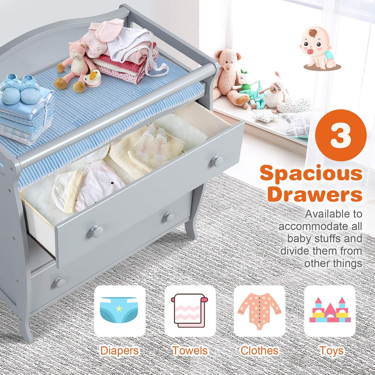 Costzon 3-Drawer Changing Table, Infant Diaper Changing Station with Drawers, Safety Rails & Strap