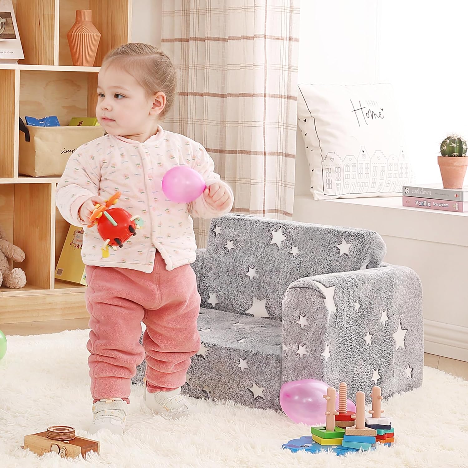 Toddler Chair Plush Kids Couch, 2-in-1 Comfy Armchair Removable and Washable Cover Carrying Handle