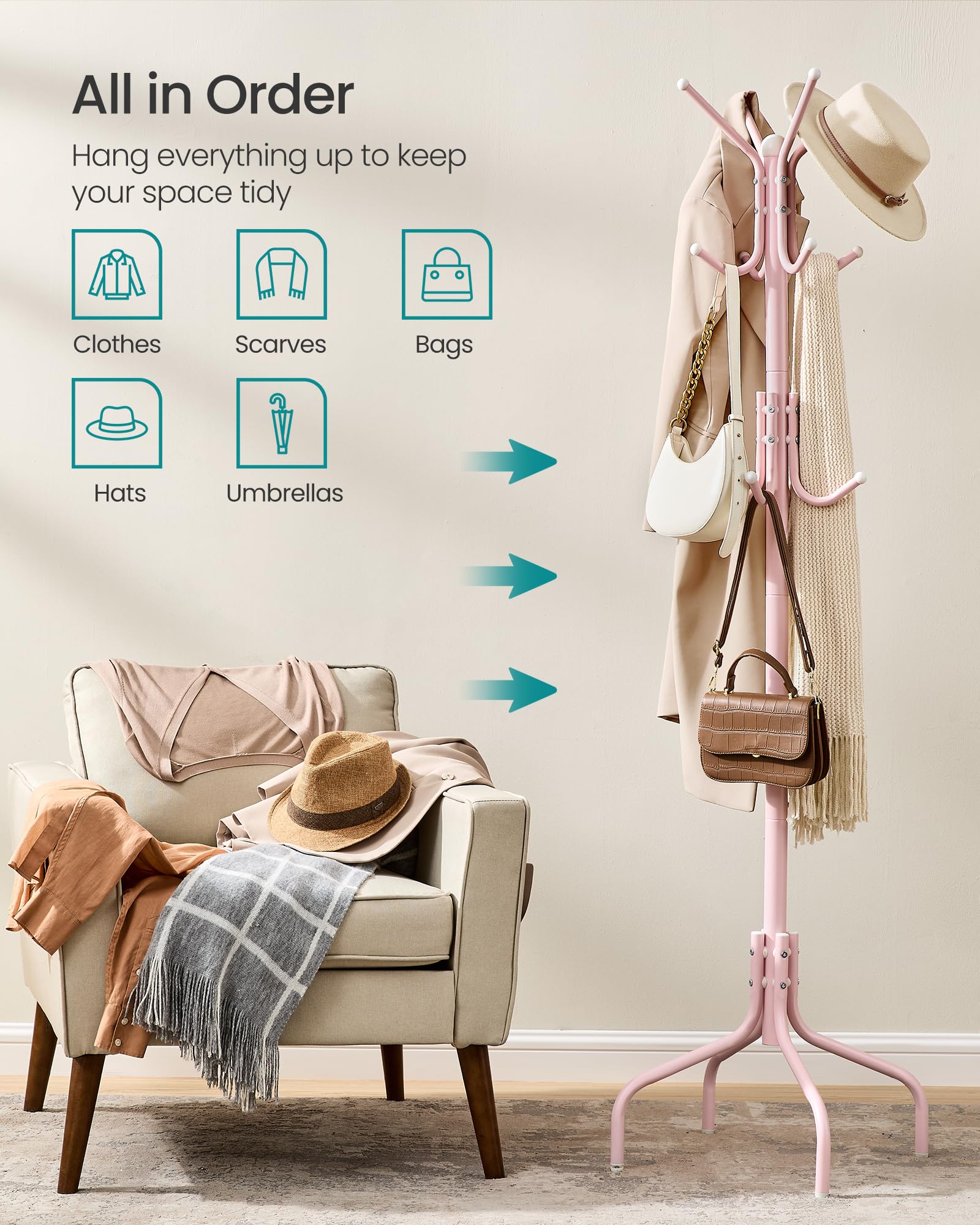 SONGMICS Coat Rack Freestanding, Steel Stand with 12 Hooks and 4 Legs