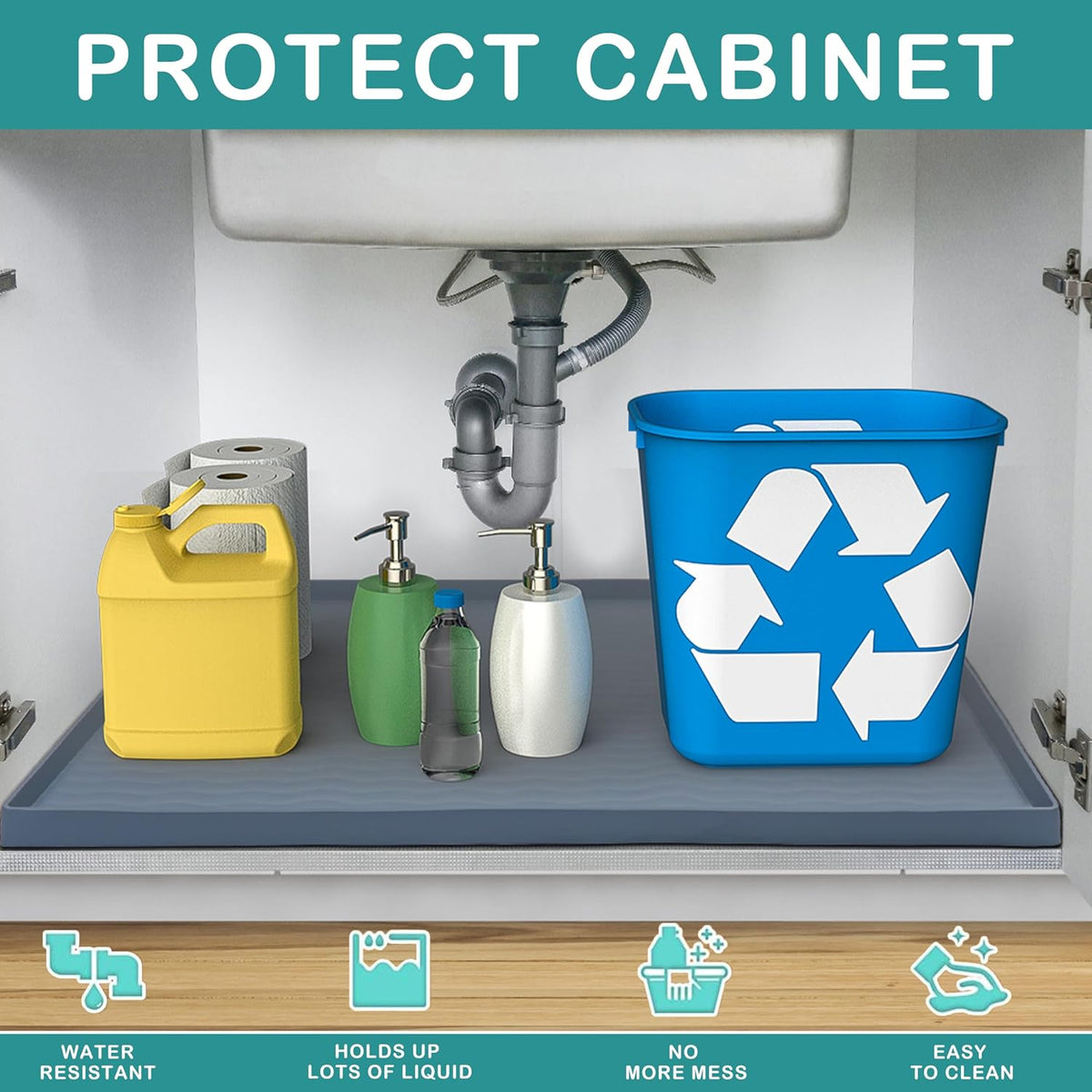 URMONA Waterproof Silicone Under Sink Mat 34'' x 22'' Shelf Liner for Kitchen and Bathroom, Cabinet