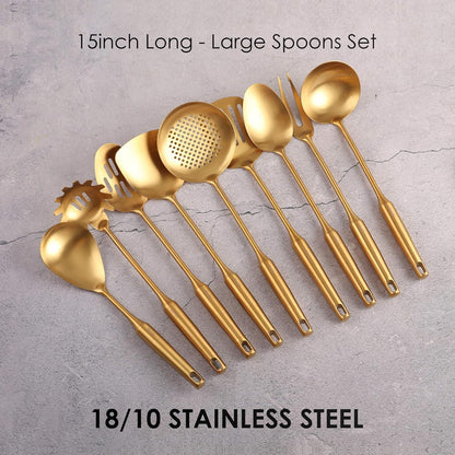 Gold Kitchen Utensils Set - 18/10 Stainless Steel Cooking Tools, 15" All Metal Serving Utensils