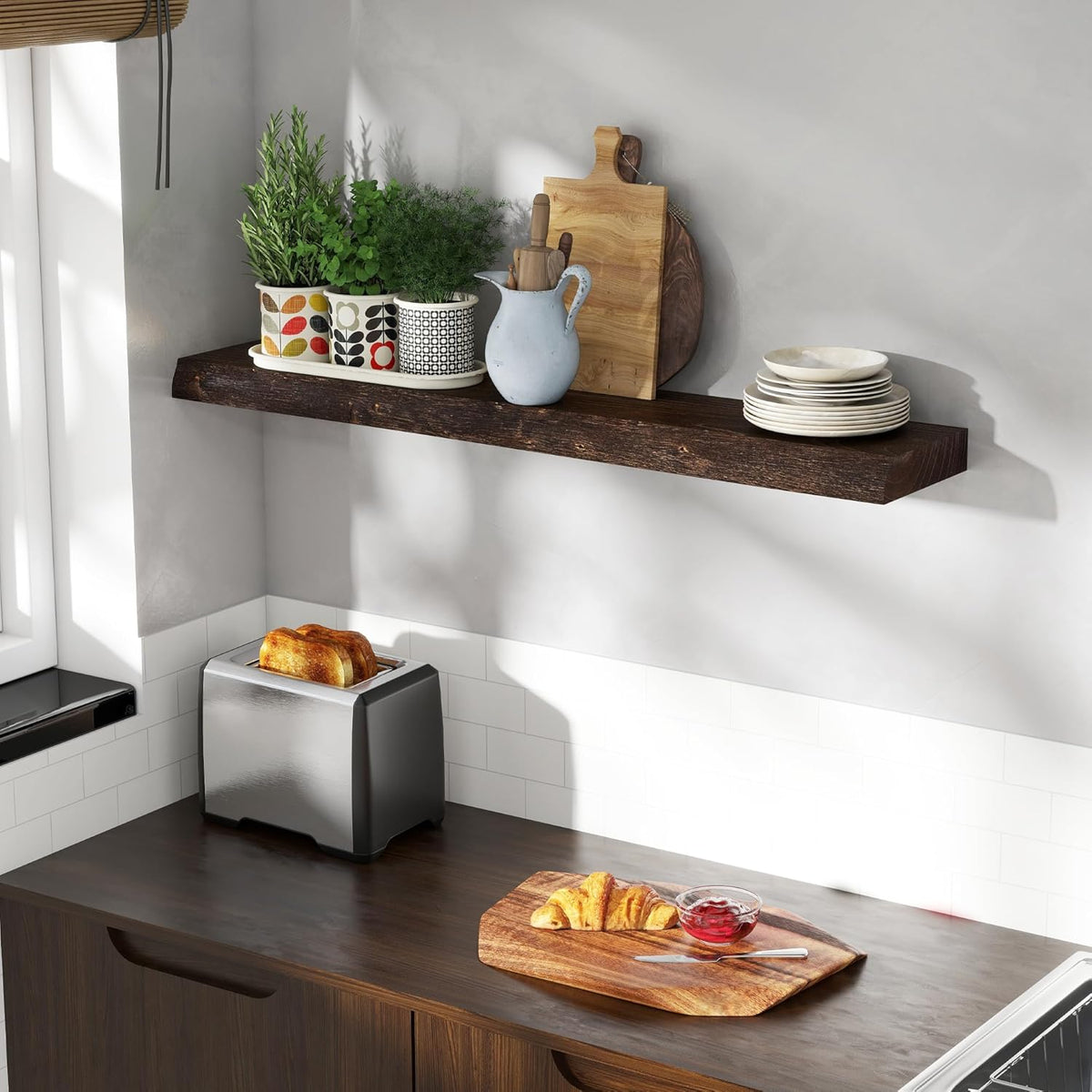 Fun Memories 40" Floating Shelves for Wall, Live Edge Solid Elm Wood Floating Shelf with Invisible
