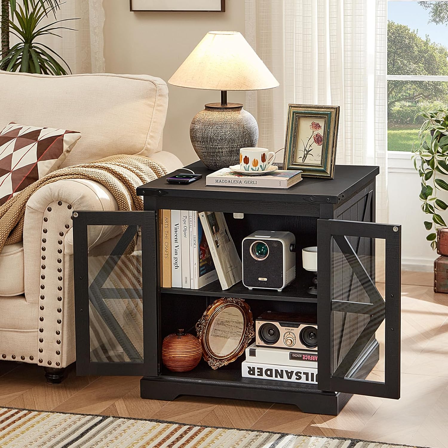 24" End Table with Charging Station, Farmhouse Night Stand with Glass Barn Door, Black Nightstands