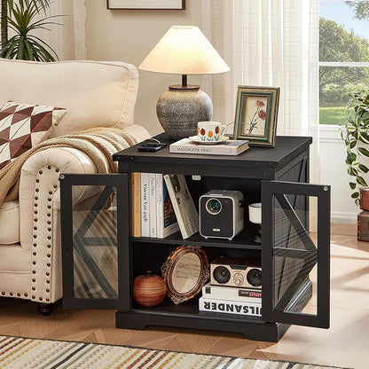 24" End Table with Charging Station, Farmhouse Night Stand with Glass Barn Door, Black Nightstands