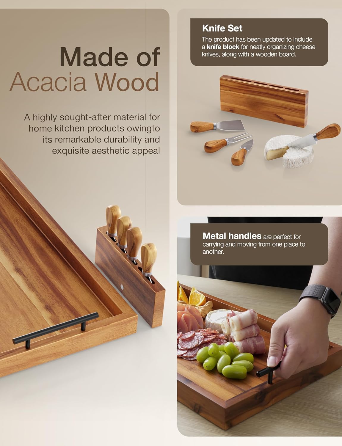 24" Large Charcuterie Tray with Handles, Extra Long Wooden Serving Cheese Boards - Serving Platter