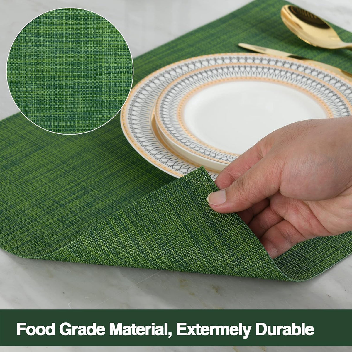 Green Placemats Set of 8 - Wipe Clean Vinyl Placemats - Washable Heat Resistant PVC Placemats for