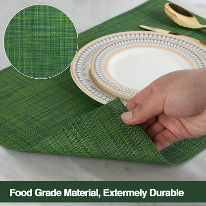 Green Placemats Set of 8 - Wipe Clean Vinyl Placemats - Washable Heat Resistant PVC Placemats for