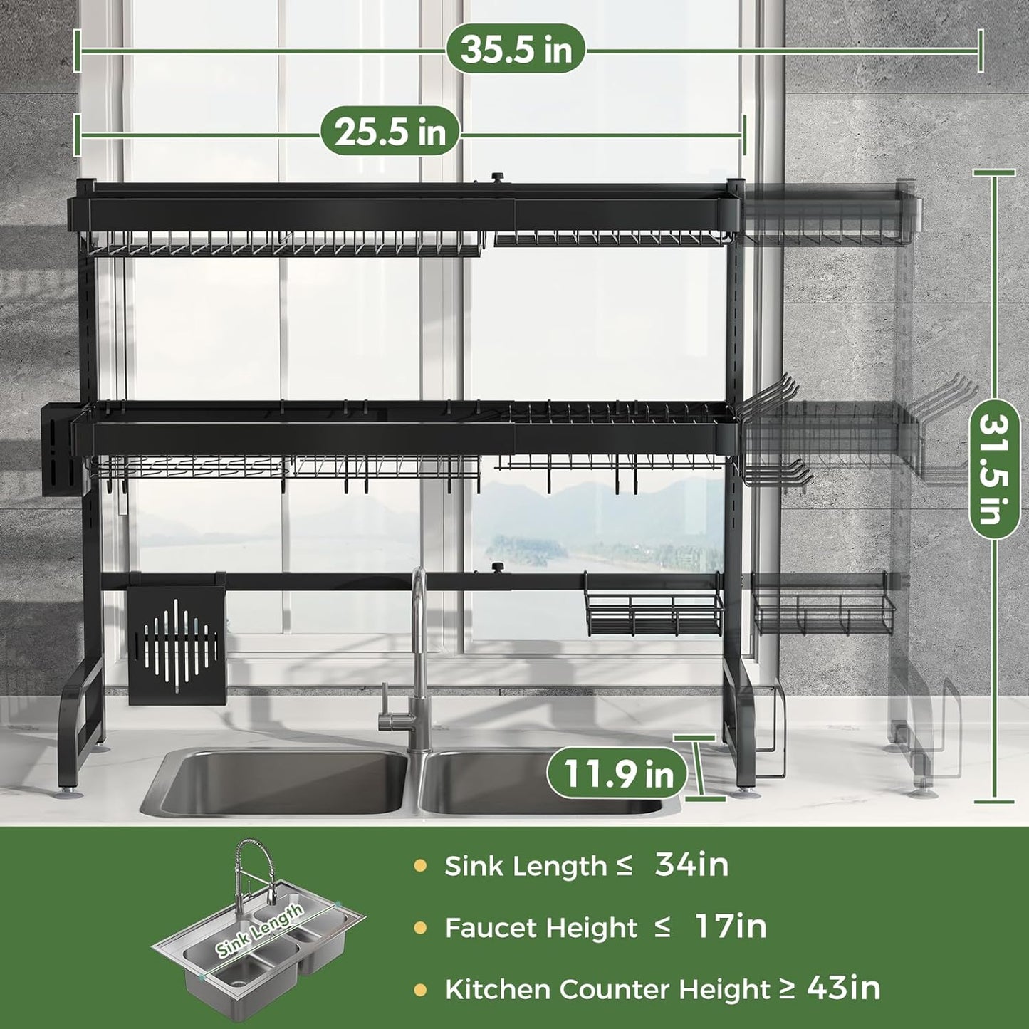 3 Tier Extra Large Stainless Steel Expandable Over The Sink Dish Drainer Drying Rack, Rust Proof