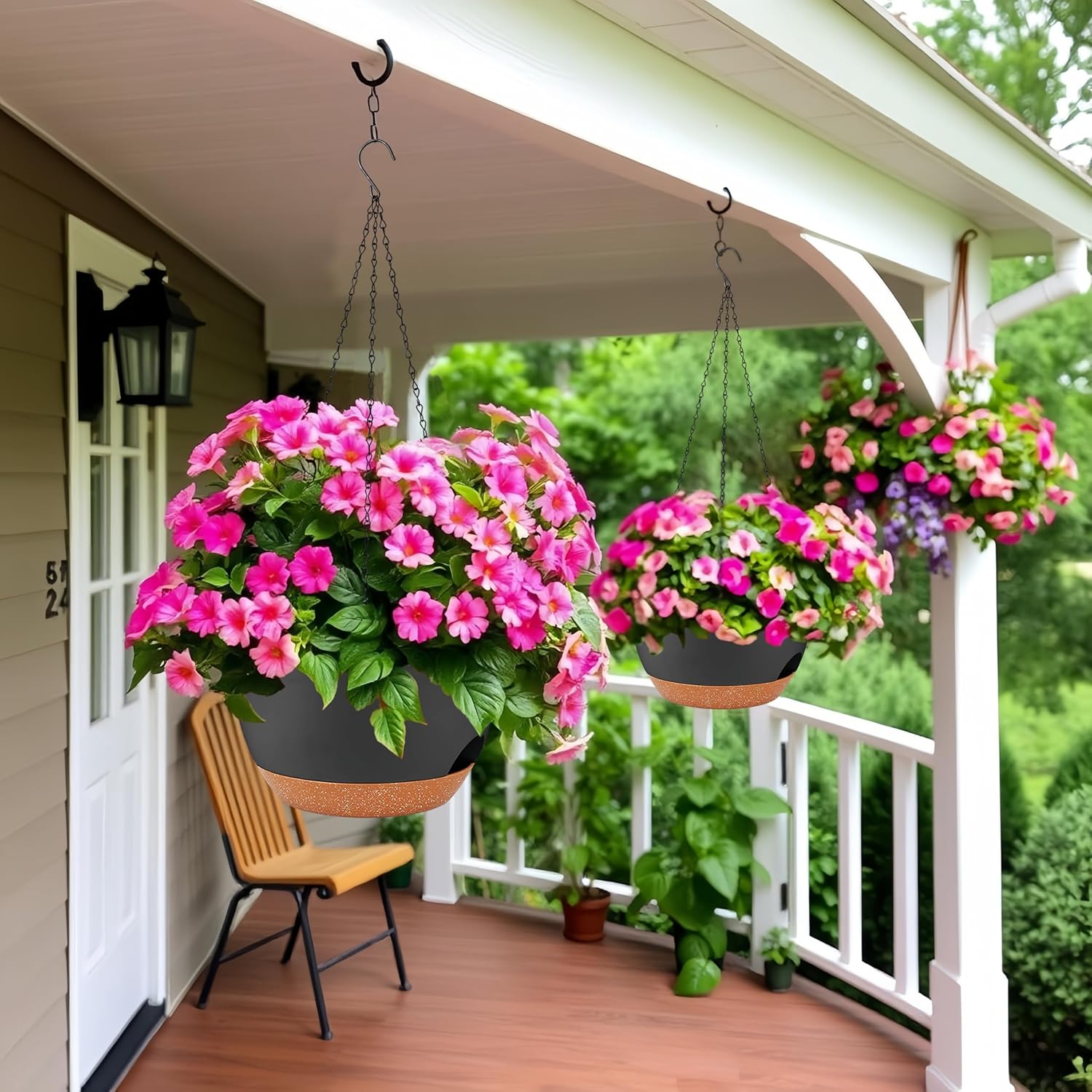 2 Pack 12 Inch Large Hanging Planters with Chains Self Watering Black Brown Plastic Hanging Pots