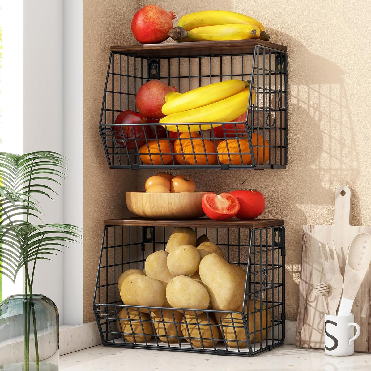 2pcs Fruit Basket Kitchen Storage Basket with Wood Lid, Stackable Wall Basket Fruit Basket for
