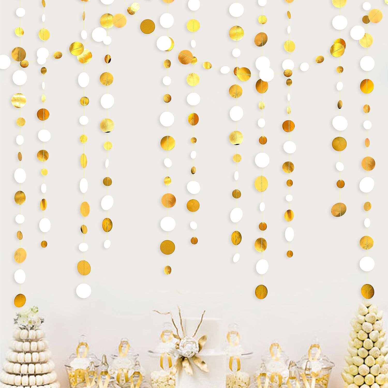 46 Feet White and Gold Circle Dots Garland Hanging Paper Polka Dots Streamer for Birthday