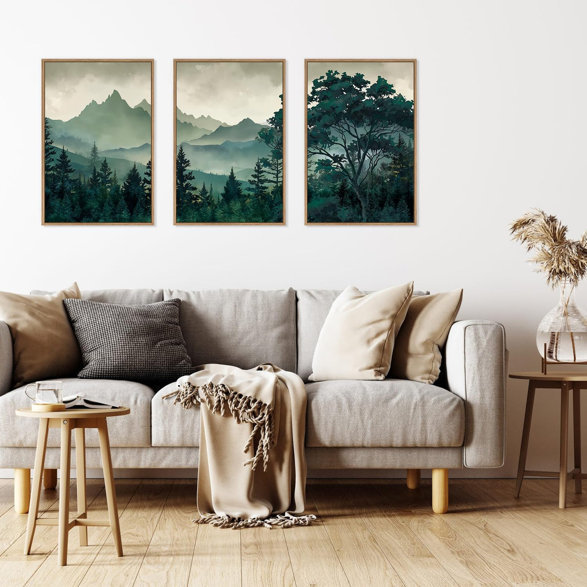 HLNIUC Green Foggy Forest Framed Canvas Wall Art Set,Watercolor Boho Pine Tree Wall Decor,Modern