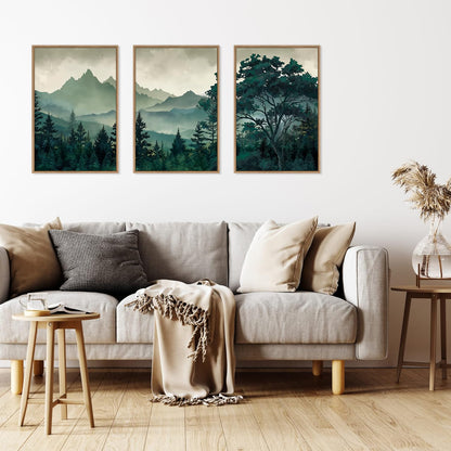 HLNIUC Green Foggy Forest Framed Canvas Wall Art Set,Watercolor Boho Pine Tree Wall Decor,Modern