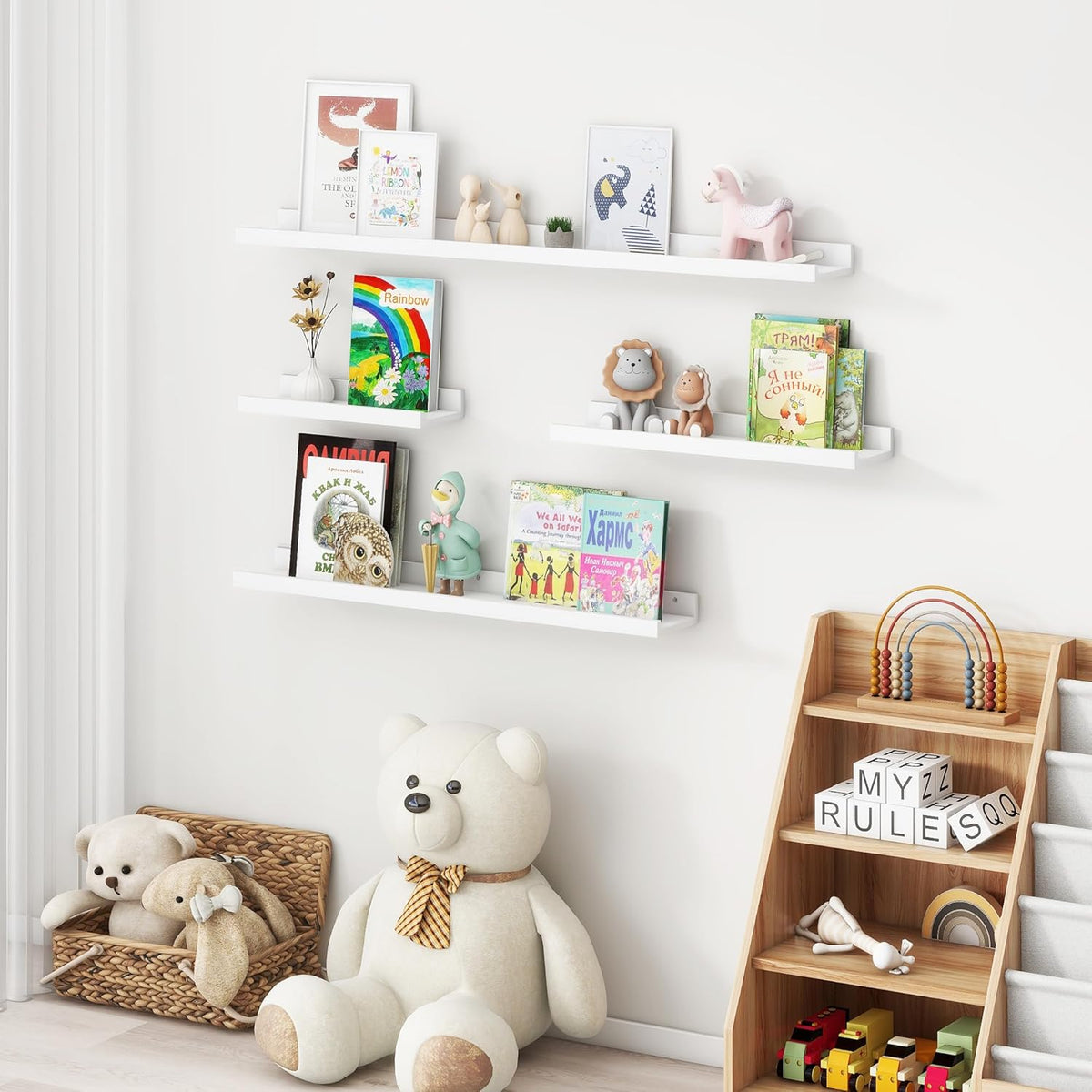 Picture Ledge Shelf for Wall, 36 inches Solid Pine Wood Nursery Book Shelves 3 Packs, Floating