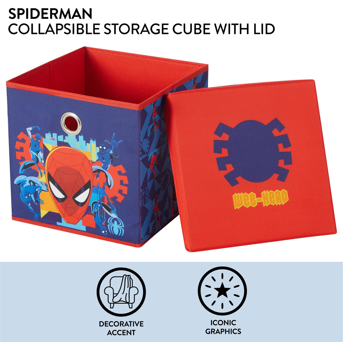 Idea Nuova Marvel Spiderman Collapsible Fabric Storage Cube,10” Organizer Bin with Lid for Bedroom