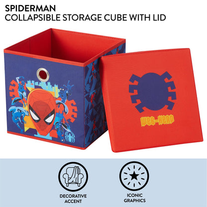 Idea Nuova Marvel Spiderman Collapsible Fabric Storage Cube,10” Organizer Bin with Lid for Bedroom