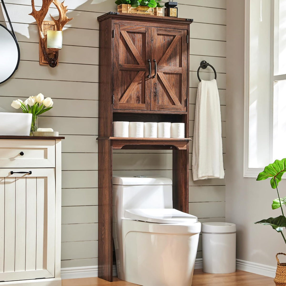 Over The Toilet Storage Cabinet, Farmhouse Bathroom Cabinet with Adjustable Shelf & Barn Door, 67"
