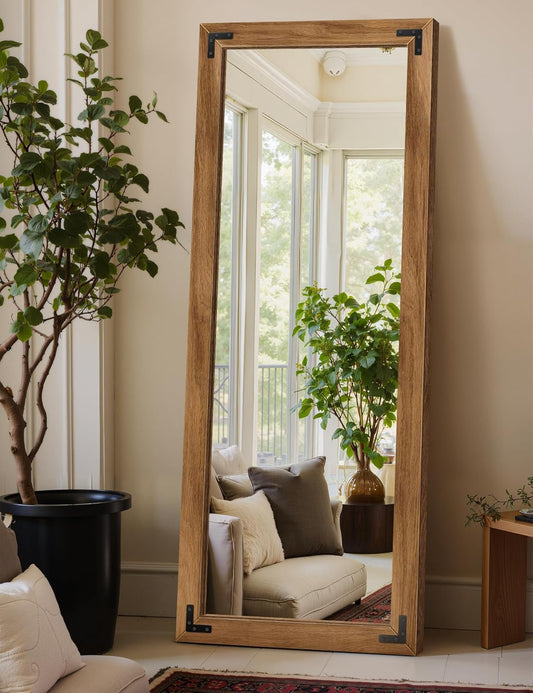 Full Length Mirror with Wooden Frame, 65"X24" Solid Wood Standing Floor Mirror for Farmhouse