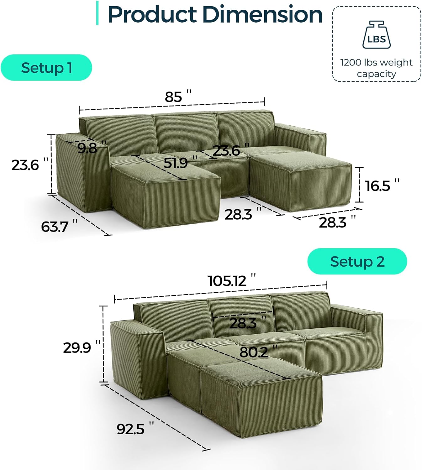 LINSY HOME Modular Sectional Sofa, 105" Boneless Couch U Shaped 3-Seat Sofa with 2 Ottomans