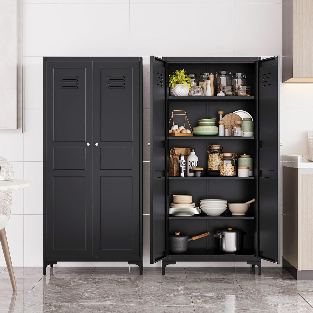Metal Storage Cabinet with Doors and Shelves,Black Storage Cabinet with Leg,Metal Pantry