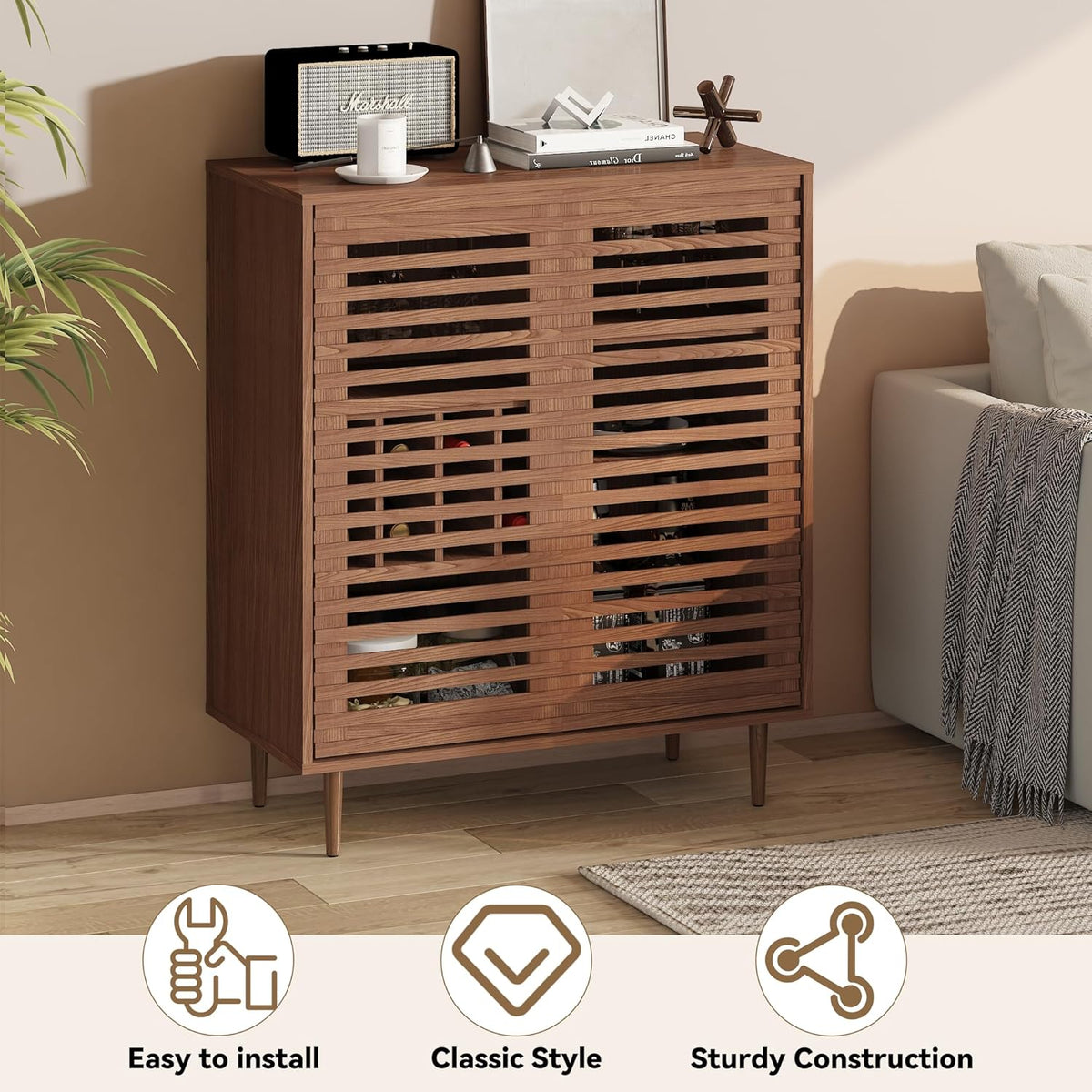 Mid Century Bar Cabinet with Wine Racks, Modern Liquor Cabinet with Slatted Doors for Dining Room