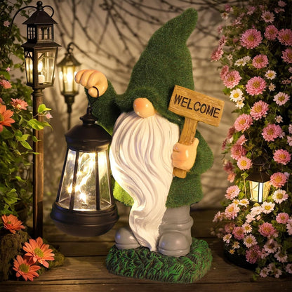 Garden Gnome Statue Solar Light Outdoor Decorations Figurine Welcome Sign with Lantern Sculpture