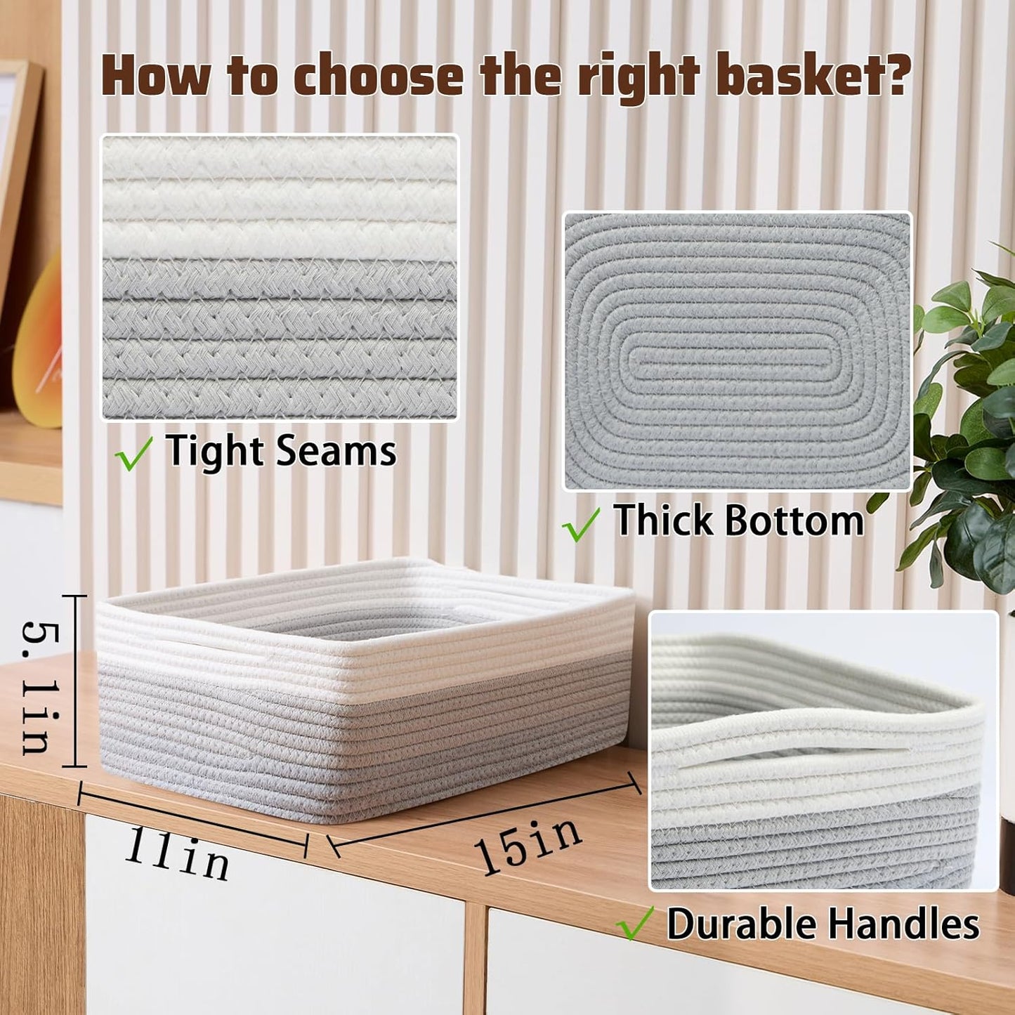 Large Shallow Organizing Baskets 15x11x5.1 Inches - Rope Woven Storage Bins for Bathroom, Shelves
