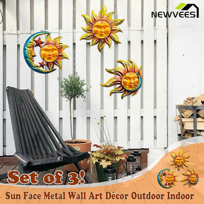 Sun Face Metal Wall Art Décor Outdoor Indoor, Sun Moon Star, Metal Glass Hanging for Garden Sun