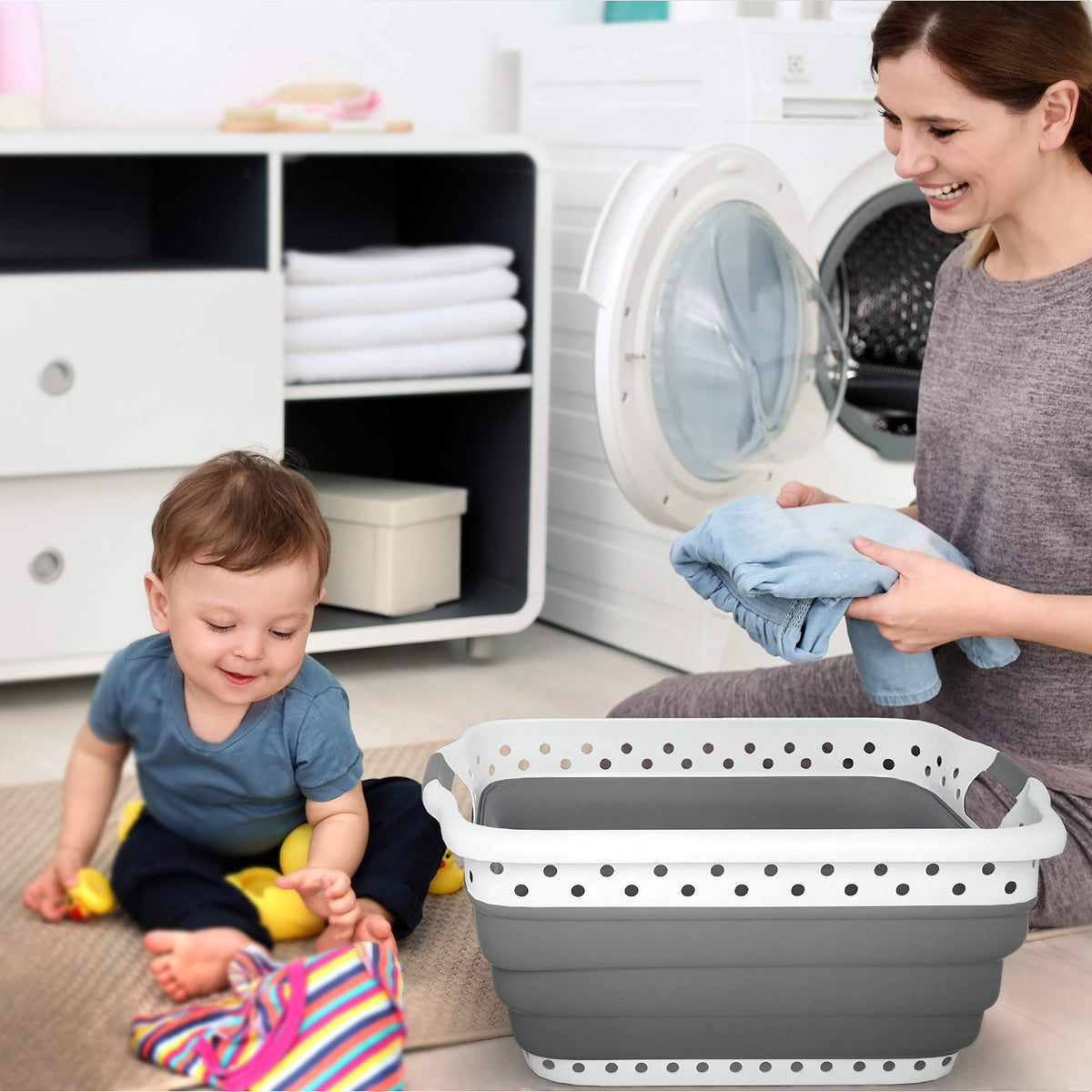 Lavish Home Collapsible Plastic Laundry Basket, Gray, 24.25”x17.5”x10.5”